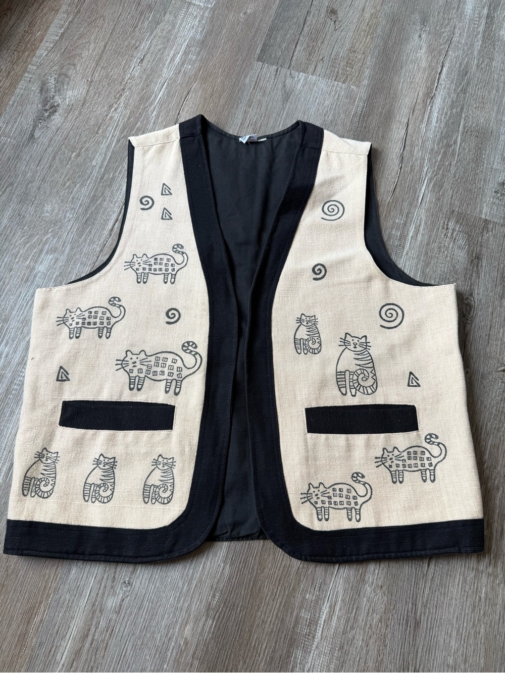 VTG Cat Kitty Print Vest Cotton Hippie Boho Vest Cat Lover Beige Black Size L XL